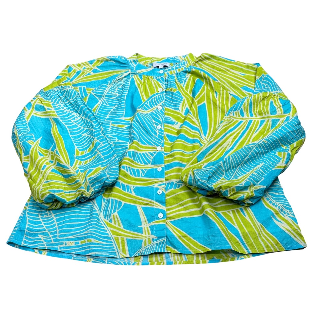 Olivia James Tropical Puff Sleeve Blouse Womens Size S Blue/Green Tropical Beach